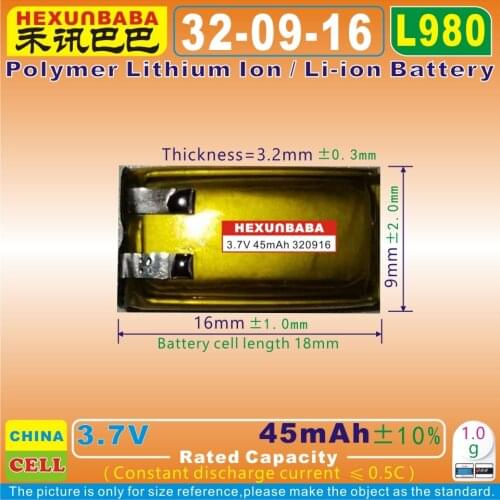 10pcs [L980] 3.7V 45mAh [320916] Polymer lithium ion / Li-ion battery for BLUETOOTH earphone,speaker,GPS,MP3;CAMERA;MP4