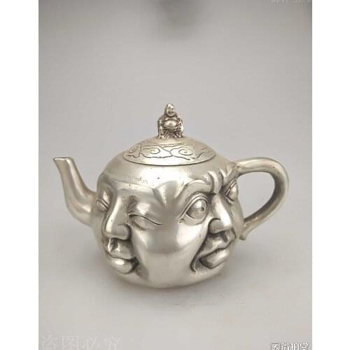 10CM copper silver plating carved all size buddha head teapot pot statue
