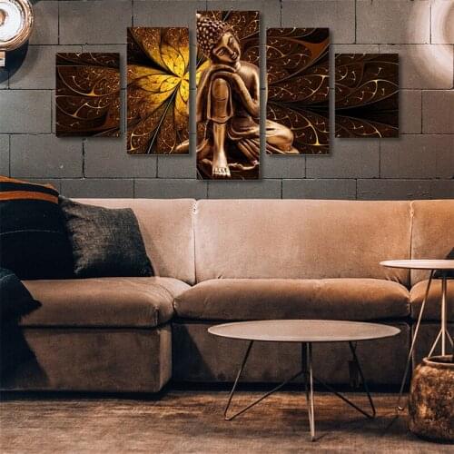 5PCS Asia Modern Abstract Retro Golden Buddha Oil Painting Office Mural Living Room Artist Home Decoration HD Printing Frameless