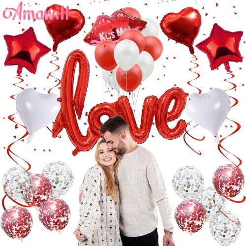 Amawill Wedding Decor Kit Red Lip Love Letters Foil Balloons 12inch Confetti Latex Balloon For Valentines Day Anniversary