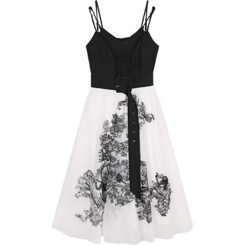 White and New Black embroidered mesh waistband dress