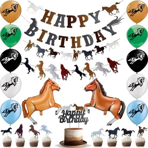 Large Horse Balloons Banner Happy Birthday Party Supplies Cake Toppers Brown Baloon Kids Toys Jungle Animals Foil Helium Ballon