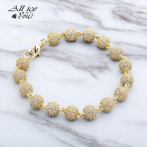 ALLICEONYOU 8mm Big Round Ball Bracelet Hip Hop Charm Bracelet Iced Out Cubic Zirconia Gold Silver Color Punk Jewelry For Gif