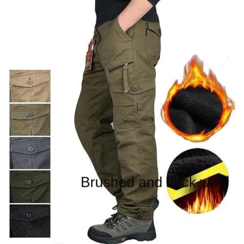 Men Cargo Pants Fleece Thick Warm Multi Pocket Autumn Winter Military Army Zip Straight Slacks Long Trousers Outwear Sport Pants