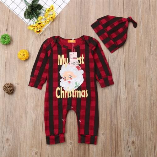Emmababy MY First Christmas Baby Boy Girl Unisex Romper Plaid Clothes Outfits Leisure Fashion Child Girl Christmas Rompers Gifts