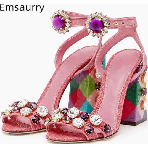 New Design Summer Sandals Women Luxury Crystal Embellished Open Toe Ankle strap Sandals Block Heel Rhinestone Shoes Woman