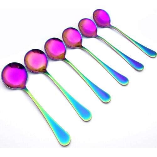 Cucharas Dessert Spoon Honey Spoon Rainbow Ladle Stainless Steel Scoop Mirror Polished Soup Ladle Round Head Spoon Cutlery3/6pcs