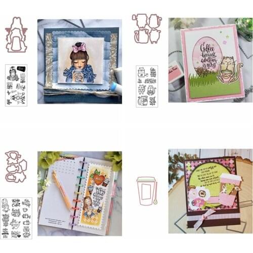 Fashion Girl Cat Coffee Cup Metal Cutting Dies With Clear Stamps Basic Words Sentences For DIY Scrapbooking Album Craft 2020