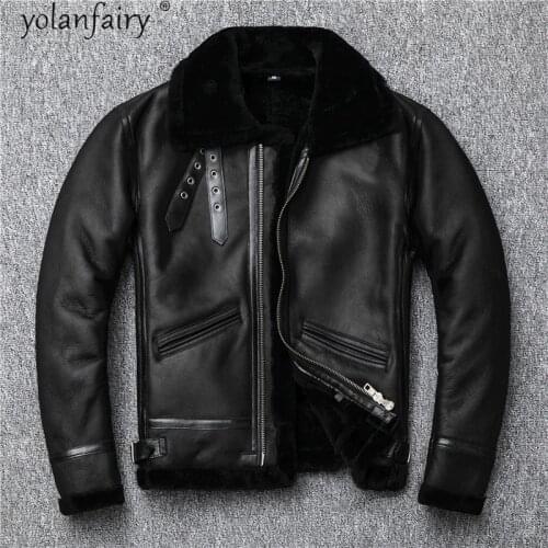 Genuine Leather Jacket Men Autumn Winter Real Fur Coat Natural Wool Lining Vintage Plus Size Shearling Motorcycle Flight Jacket