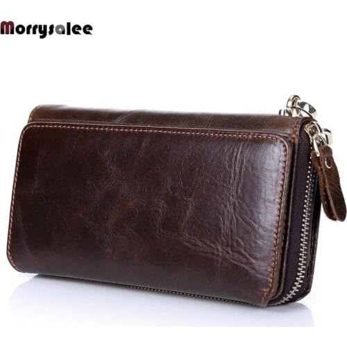 Mens Long Zip Wallet Leather Mens Bags Business Clutch Multi-function The first layer of leather multi-card mobile phone bag