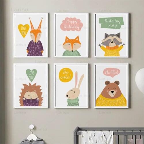 Cute Fox Raccoon Rabbit Bear Quotes Wall Art Canvas Painting Nordic Cartoon Animals Posters and Prints for Kids Room Nursery