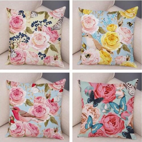​Nordic Style Rose Red Flower Pillowcase Decor Bird Floral Plant Pillow Case Soft Plush Cushion Cover for Sofa Home Car 45*45cm