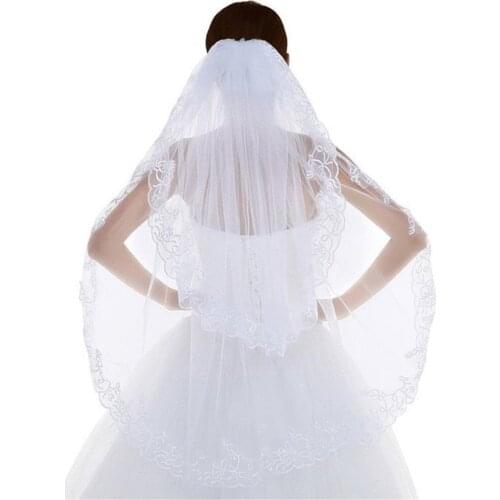New Hot Sale Highest Quality 1.5 Meter Long Two Tiered Lace Beading Edge Long Luxury Wedding Veil Bridal Veil Lace Veil ts0231