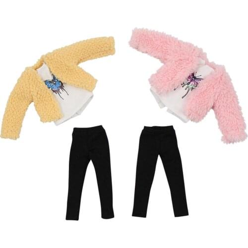 ICY DBS Blyth doll doll toy clothes Fluffy Coat with Butterfly T-shirt and Black Pants