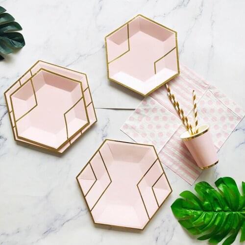 Disposable Party Supplies Pink Tableware Set Paper Party Plates Cups Napkins Straws For Birthday Party Wedding 69Pcs Food Level