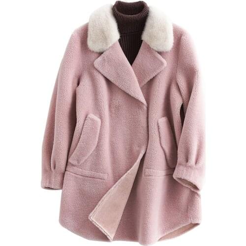 Sheep Fashion High Quality Shearing Coat 100% Wool Fur Jacket Mink Fur Collar Womens Jacket Fur Coat Roupas Femeninas Zjt381