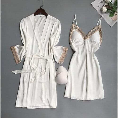 Spring Autumn Womens pajamas Ice silk sexy nightgown Robe 2-piece Set New long sleeve robe with lace bra suspender nightdress