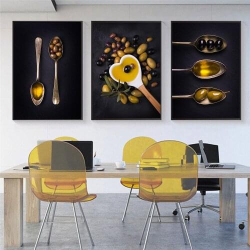 Poster and Prints Spoon Greens Olive Oil Canvas Painting Pictures for Dinning Room Kitchen Restaurant Wall Interior Decor Art