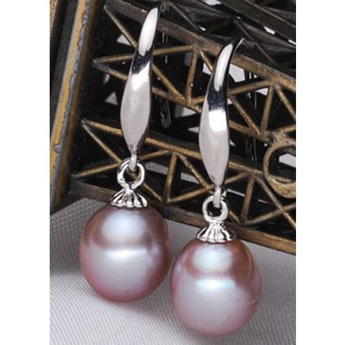 Handmade lovely bead GENUINE 9-10MM SOUTH SEA PURPLE NATURAL PEARL EARRING WHITE HOOK good women gift 925 -jewelry