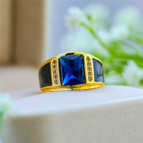 Gorgeous Male Female Big Square Ring Luxury Yellow Gold Color Blue Zircon Ring Fashion Wedding Engagement Rings For Men