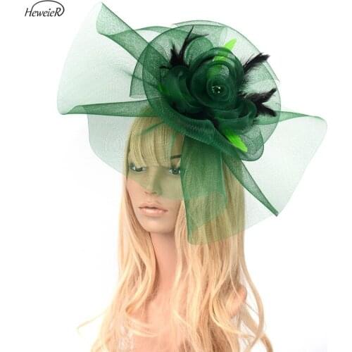 Green Color Women Lady Bride Large Mesh Feather Fascinators Wedding Party Cocktail Hair Clip Hat Headwear Accessories Handmade