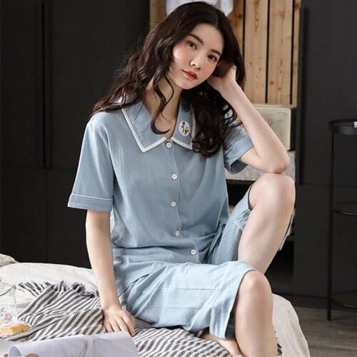 Women Summer Pajamas Cotton Linen Korean Ladies Sleepwear Set Short-Sleeved Sweet Nightwear Suit Large Size Knit Pyjamas Female