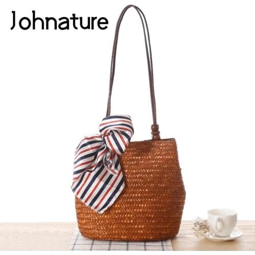 Johnature Summer 2021 New Women Straw Bag Beach Holiday Woven Shoulder Bags Versatile Bohemian Leisure Female Handbag