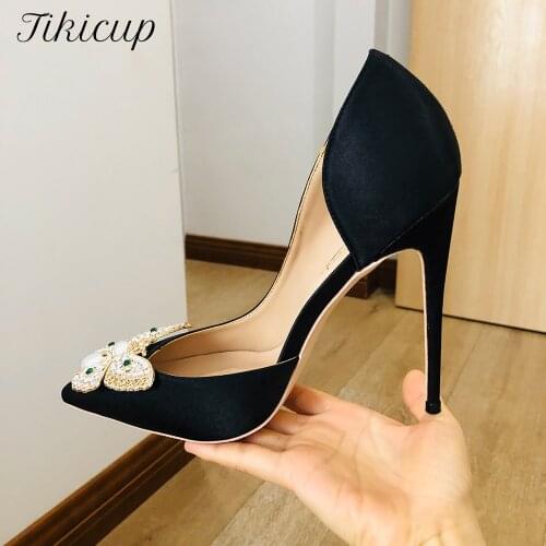 Tikicup Glitter Bow Women Black Silk Satin D'Orsay High Heel Elegant Ladies Party Dress Shoes Fashion Pointed Toe Stiletto Pumps