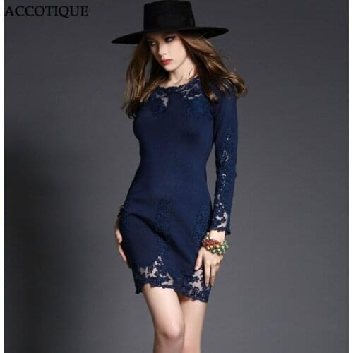 High Quality Female Spring Autumn Slim Vintage Blue Short Dress Women Wool Fashion Embroidery Elegant Long Sleeve Casual Dress