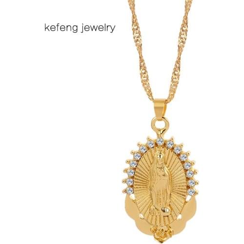Vintage Women Accessories Virgin Mary Necklace Gold Color Religious Catholic Pave Crystal Mother Mary Pendant Necklace