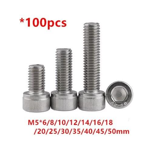 100pcs DIN912 M5 Stainless steel Hex Socket Head Cap Screws M5*6/8/10/12/16/20/25/30/40/50mm Hexagon Cylinder Cup head Bolts