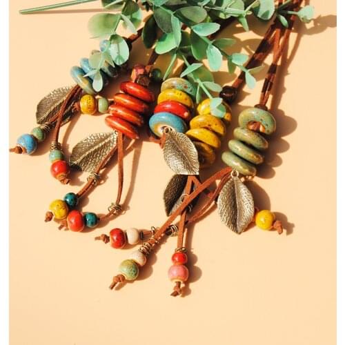 12 Pieces/Lot Statement Long Necklaces Jewelry For Women Vintage Leaf Ceramic Beads Strand Tassel Charm Necklace Sweater Chain
