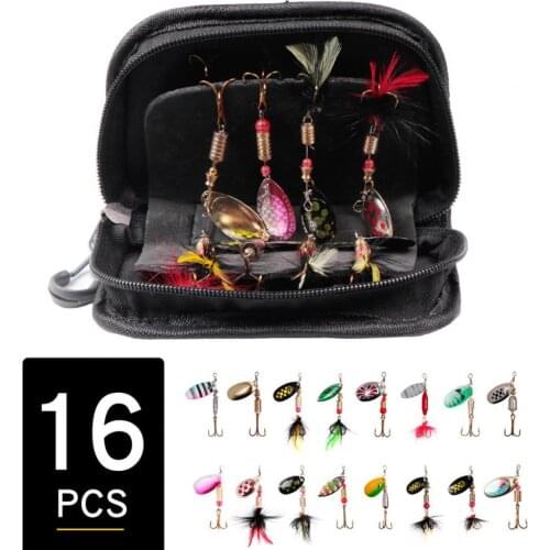16Pcs Metal Artificial Fishing Spinner Baits Lures Kits with Rotating Sequins