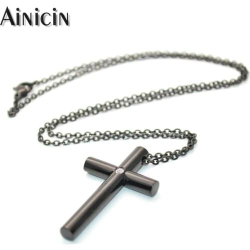 316L Stainless Steel CZ Setting Cylinder Cross Pendant 24x40mm Gun Metal Gold Plating Unisex Necklace Birthday Gift Jewelry
