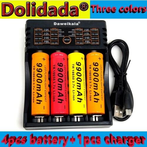 4pcs 3.7V 9900mAh rechargeable liion battery with 1pcs charger for Led flashlight battery litio battery(Orange,Red and Yellow)