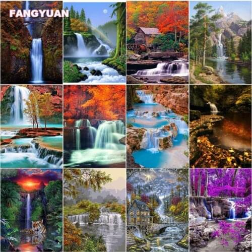 5D Diy Diamond Painting Cross Stitch Kits Landscape Art Waterfall Tree Full Diamond Embroidery Full Square Round Rhinestone Gift