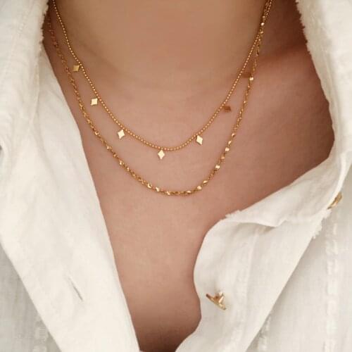 Amaiyllis 18K Gold Double Round Bead Petal Sequins Necklace Handmade Choker Boho Clavicle Chain Stacking Necklace For Women