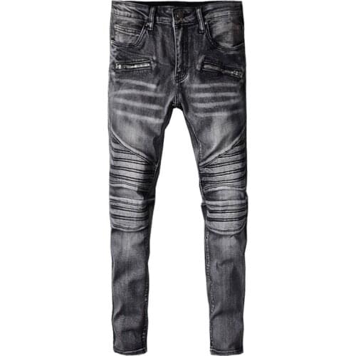 American Street Fashion Men Jeans Retro Dark Gray Elastic Slim Fit Biker Jeans Men Spliced Designer Hip Hop Denim Punk Pants