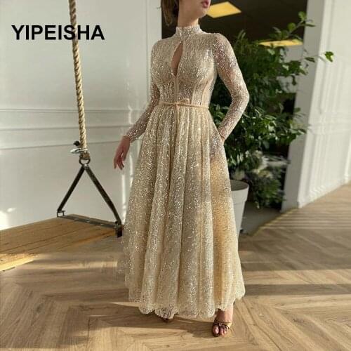 Glitter Champagne Lace A Line Prom Dresses Long Sleeves High Neck Corset Sparkly 2021 Evening Party Gowns