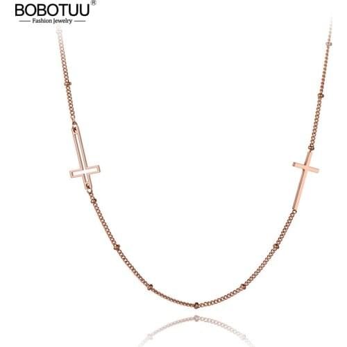 BOBOTUU Religious Titanium Stainless Steel Double Cross Choker Necklaces For Women Rose Gold Chain Link Pendant Necklace BN19173