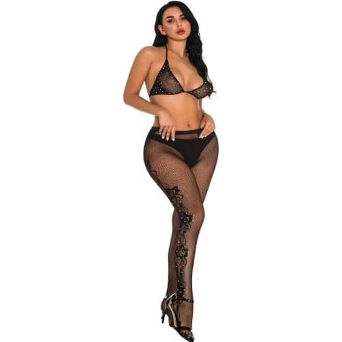 Occident Fishnet Stocking Sexy Underwear Lace Up Hanging Neck Bra Hot Drilling Print Tights Nylon Pantyhose Black Mesh Stockings