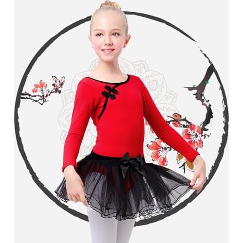 Girls Kids Ballet Dance Leotard Tutu Suit Red Black Dance Dress Lyrical Girls Chinese Knot Cotton Ballet Dance Wear Clothing