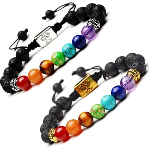 DIY Handmade Tree of Life Lava Rock Beads 7 Chakra Healing Prayer Yoga Chakra Bracelet for Men Women