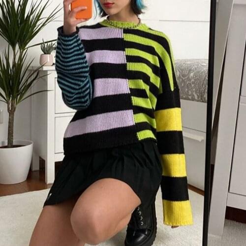 Women Pullovers Mixed Striped Crew-Neck Chunky Knitted Jumper Punk Harajuku Aesthetic Tops Y2k Grunge Knitwear