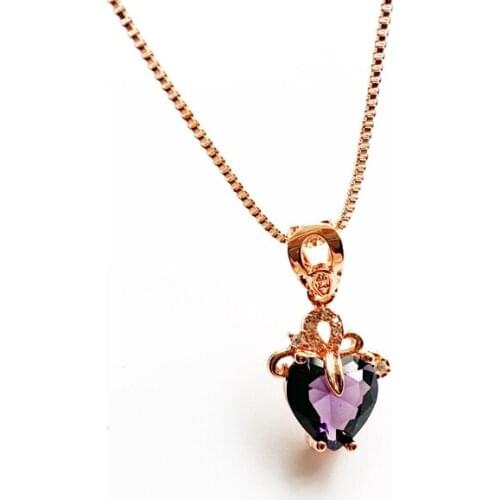 Purple Quartz Stone Faceted Heart Pendant Necklace Love Pendant Alloy Plated Chain Necklace 1pc