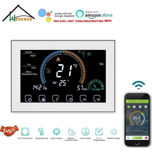 HESSWAY TUYA WIFI Air Conditioner Thermostat Fan Coil for Shared City Weather, UV Index, Humidity