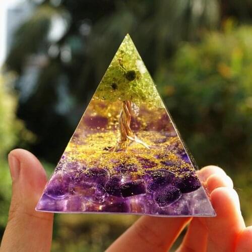 Hot Newest Peridot Healing Crystal Tree Of Life Pyramid Amethyst Energy Pyramid EMF Protection Meditation Tool Home Decoration