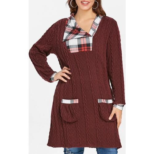 Plus Size Plaid Insert Cable Knit Tunic Sweater