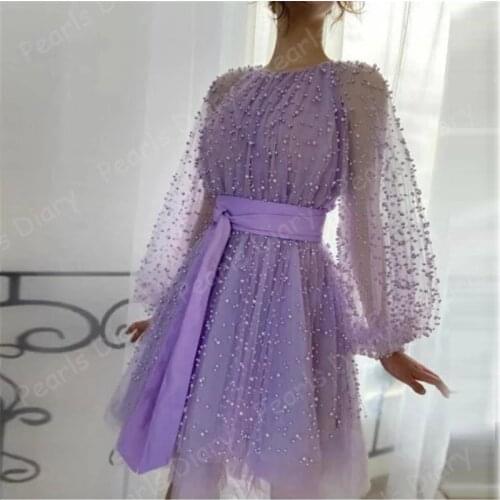 Dubai Sweet Light Purple Cocktail Dresses With Ribbon Mini Length Illusion Puff Sleeves Short Prom Dresses Beading Evening Dress