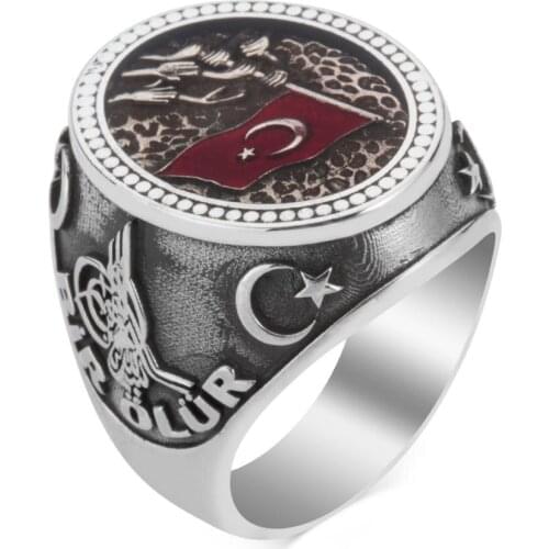 Solid 925 Sterling Silver Oval Men Ring Turkey Flag Motif Ring Crescent Star Motif Men Turkish Men Ring Handmade Jewelery
